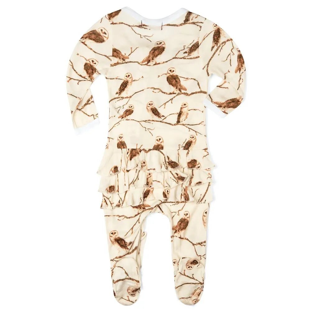 MILKBARN | Bamboo Ruffle Zipper Footed Romper | Owl - Clothing - Johnson and Co. General Store