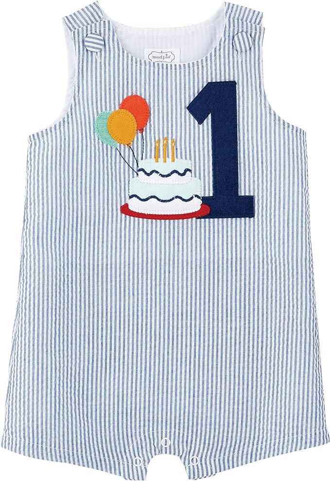 Mud Pie | Birthday | Boys' 1st Birthday Seersucker Shortall - Birthday Outfit - Johnson and Co. General Store