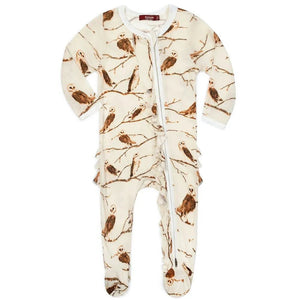 MILKBARN | Bamboo Ruffle Zipper Footed Romper | Owl - Clothing - Johnson and Co. General Store