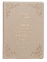 When She Speaks Taupe Faux Leather Classic Journal - Proverbs 31:26 - Johnson and Co. General Store